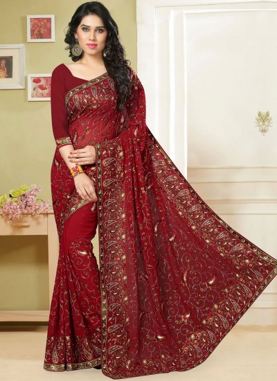 Blooming Embroidered Red Georgette Classic Saree