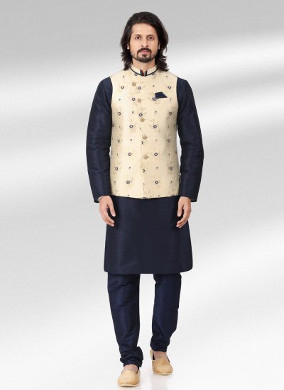 Blue and Cream Banarasi Jacquard Kurta Payjama With Jacket