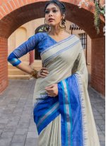Blue and Cream Raw Silk Traditional Designer Saree
