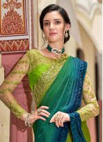 Blue and Green Embroidered Silk Contemporary Saree