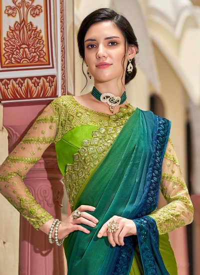 
                            Blue and Green Embroidered Silk Contemporary Saree