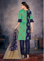 Blue and Green Fancy Banarasi Silk Pant Style Suit