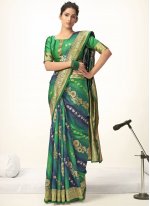 Blue and Green Jacquard Silk Woven Shaded Saree