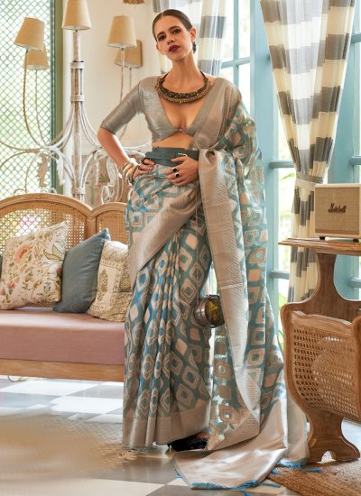 Blue and Grey Engagement Tissue Trendy Saree