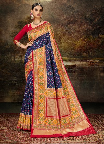 Blue and Multi Colour Banarasi Silk Weaving Silk Saree