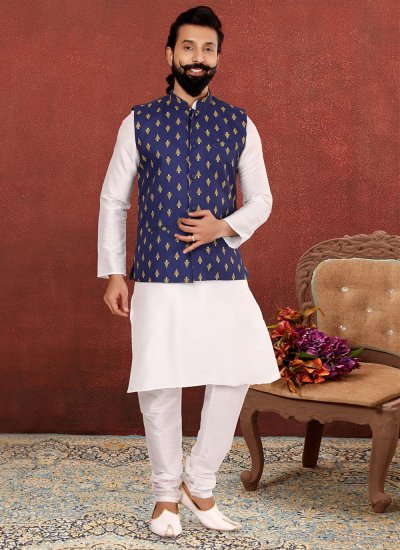 Blue and Off White Cotton Mehndi Kurta Payjama With Jacket
