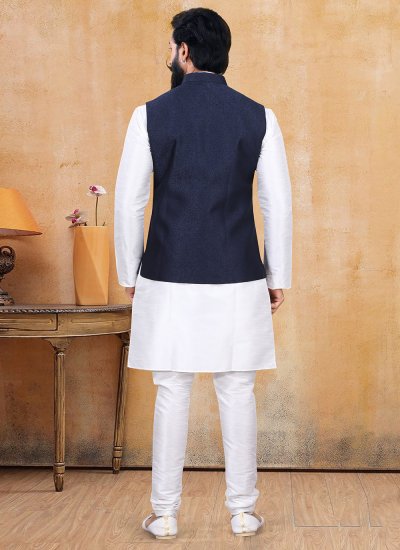 Blue and Off White Fancy Mehndi Kurta Payjama With Jacket