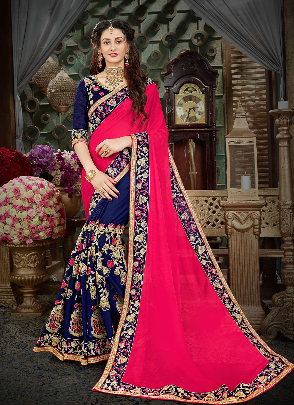 Buy online Blue & Pink Art Silk Half And Half Saree With Blouse from ethnic  wear for Women by Onlinefayda for ₹1049 at 73% off | 2024 Limeroad.com