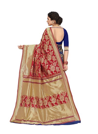 Blue and Red Engagement Silk Saree