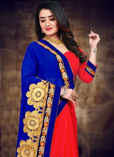 Blue and Red Patch Border Festival Half N Half  Saree