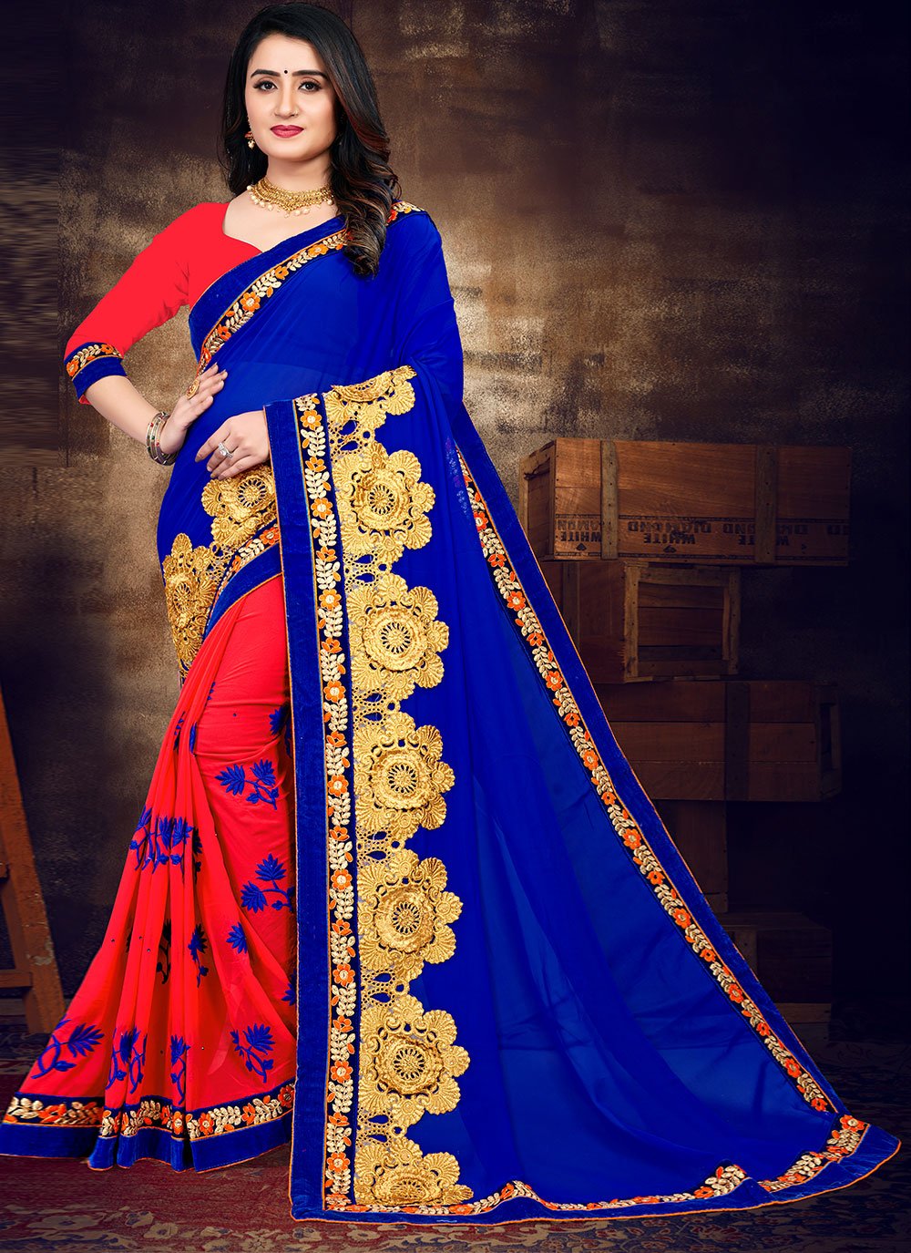 Buy Stylish Fancy Fabric Beige And Maroon Designer Half N Half Saree |  Designer Sarees