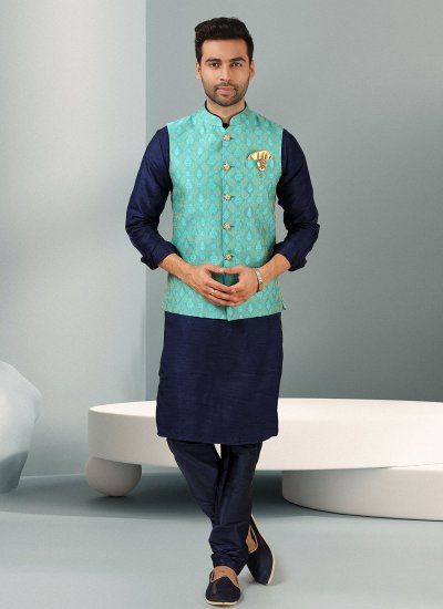 
                            Blue and Turquoise Embroidered Banarasi Silk Kurta Payjama With Jacket