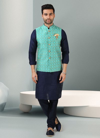 Blue and Turquoise Embroidered Banarasi Silk Kurta Payjama With Jacket
