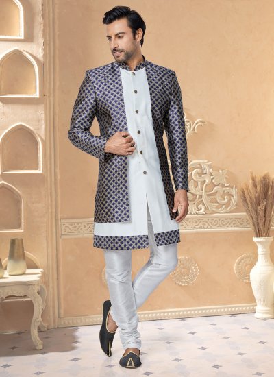 Blue and White Embroidered Ceremonial Indo Western