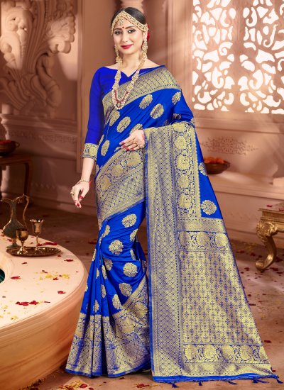 Blue Art Banarasi Silk Woven Designer Traditional Saree