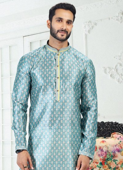 Blue Banarasi Silk Digital Print Kurta Pyjama