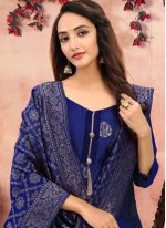Blue Banarasi Silk Printed Churidar Designer Suit