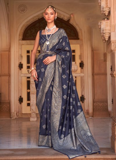 Blue Banarasi Silk Woven Classic Saree
