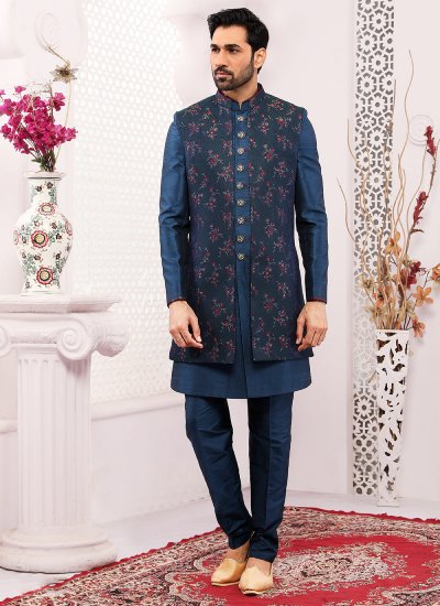 Blue Brocade Embroidered Jacket Style