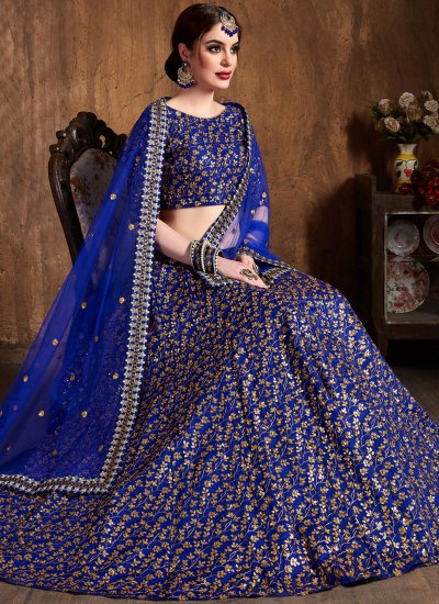 Lehenga Choli : Dark blue silk heavy embroidered ceremonial ...