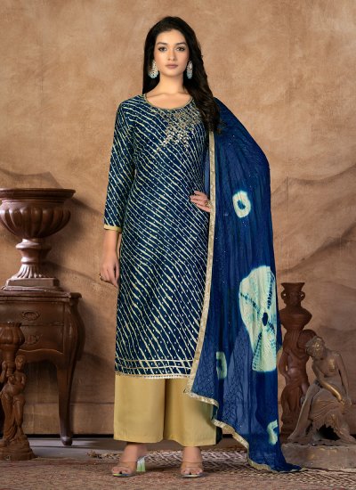Blue Cotton Ceremonial Straight Salwar Suit