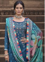 Blue Digital Print Pashnima Silk Designer Pakistani Salwar Suit