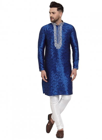 Blue Embroidered Banarasi Silk Kurta Pyjama