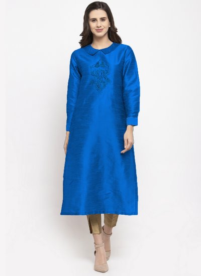 Blue Embroidered Dupion Silk Party Wear Kurti
