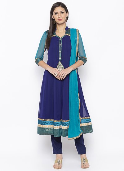 Blue Embroidered Georgette Pant Style Suit