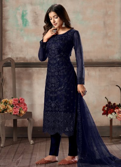 Blue Embroidered Net Designer Salwar Suit
