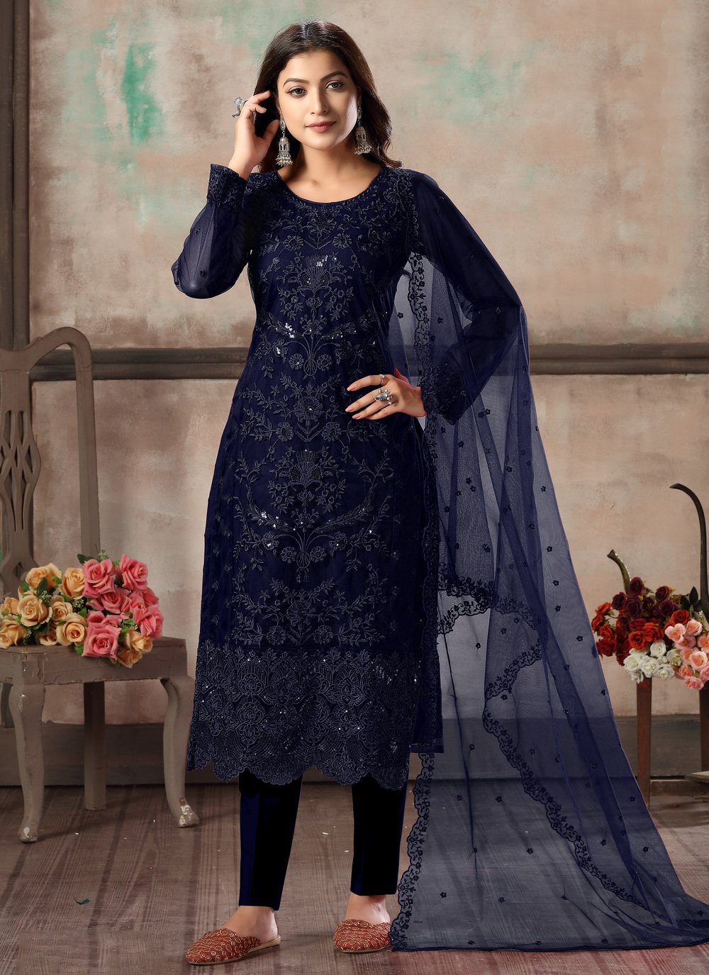 Buy Berry Blue Handblock Printed Designer Anarkali Suit Set for Women