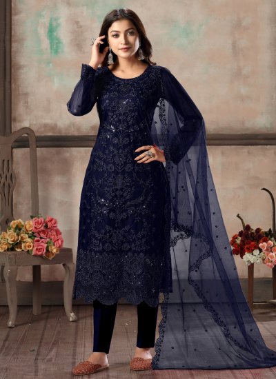 Blue Embroidered Net Designer Salwar Suit