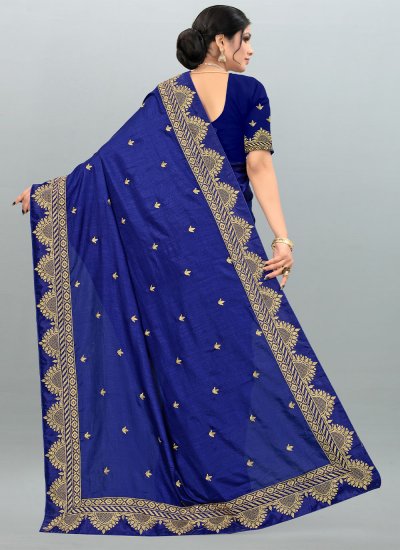 Blue Embroidered Vichitra Silk Trendy Saree