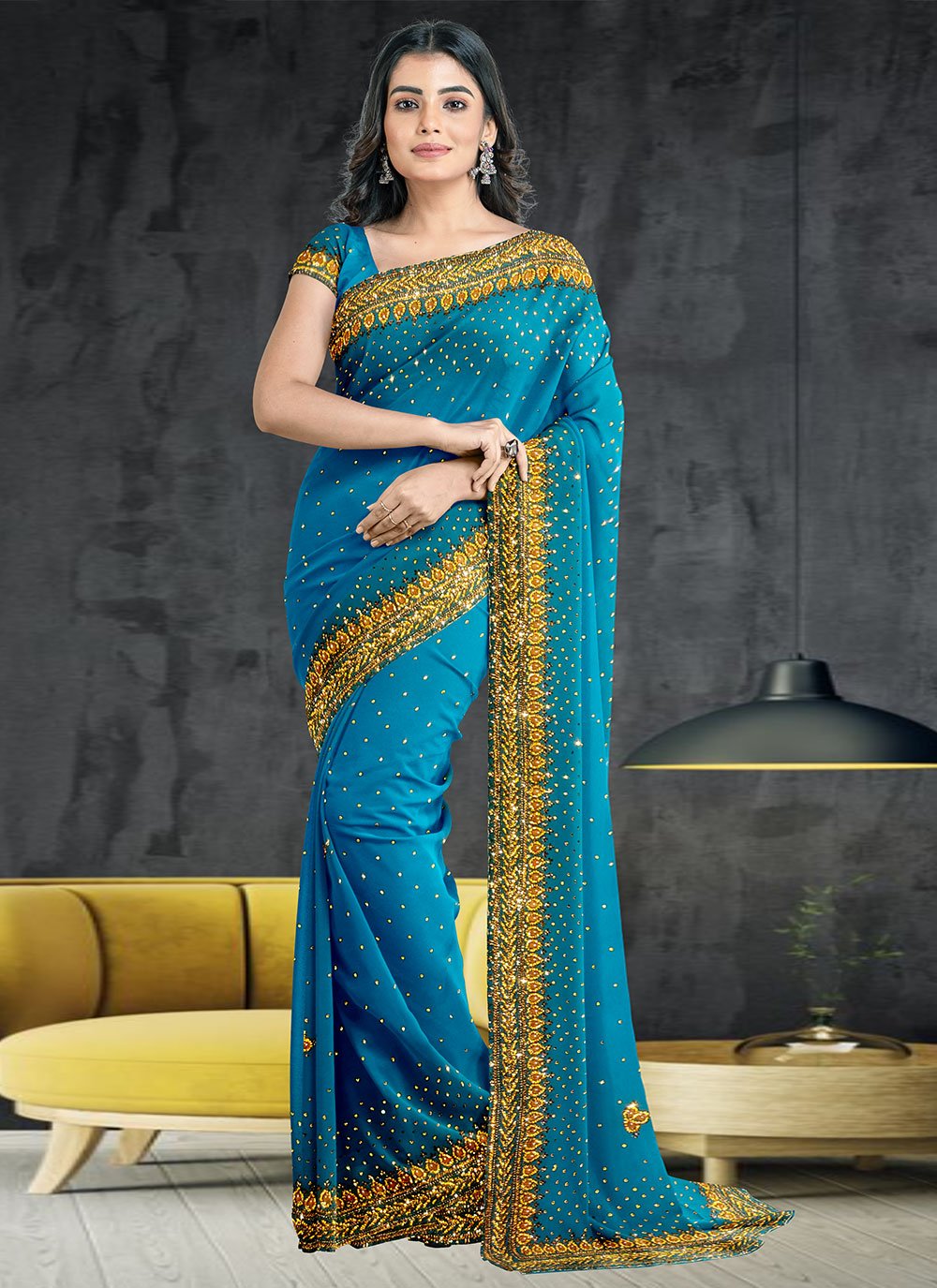 Buy Cherubic Blue Georgette Trendy Saree with Patch Border and