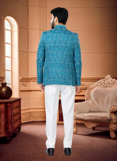 Blue Engagement Jacquard Jodhpuri Suit
