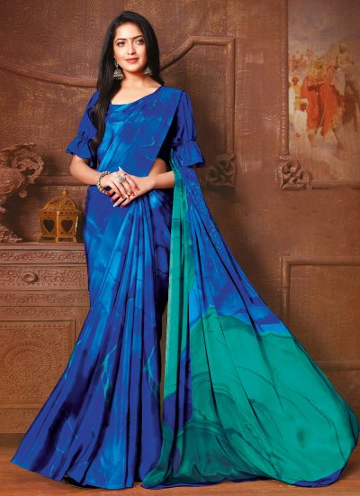 Blue Faux Crepe Abstract Print Contemporary Saree