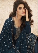 Blue Faux Georgette Embroidered Designer Straight Salwar Suit