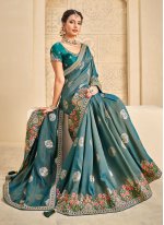 Blue Floral Patterns Wedding Designer Saree