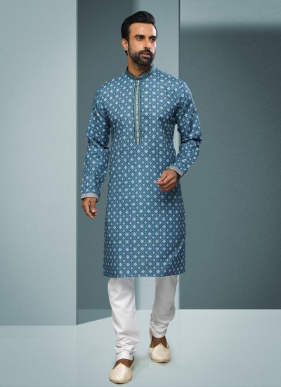 Blue Handloom Cotton Digital Print Kurta Pyjama