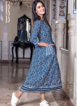 Blue Muslin Printed Designer Gown