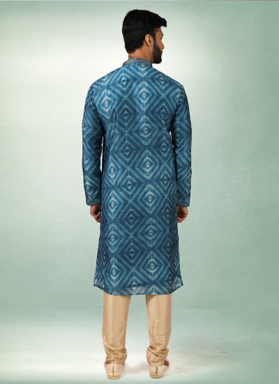
                            Blue Printed Art Silk Kurta Pyjama