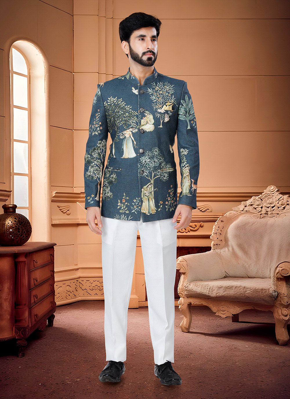 Charismatic Look Printed Pattern Regular Fit Yellow Color Jodhpuri Suit