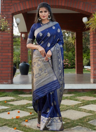 Blue Weaving Banarasi Silk Traditional Designer Saree