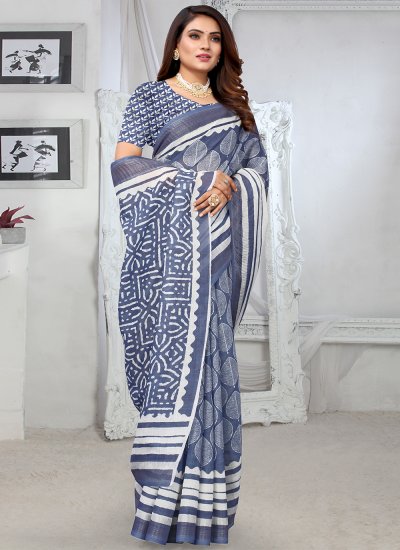 Blue Zari Linen Printed Saree