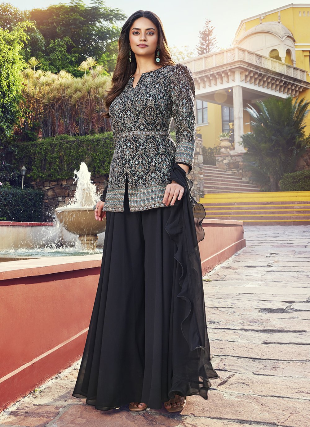 Black Sequinned Palazzo Suit in Georgette - SKDEL2655 from saree.com