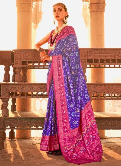 Breathtaking Blue and Pink Patola Print Silk Classic Saree