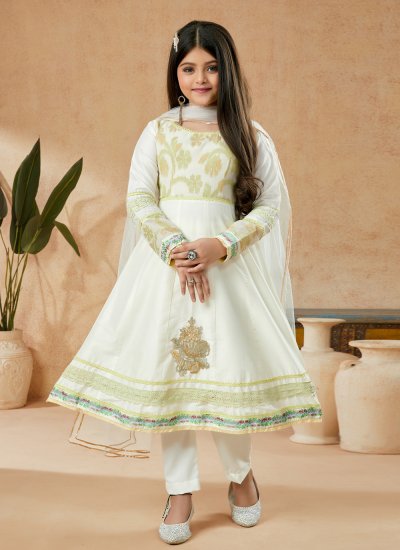 Breathtaking Cotton Silk Patchwork Off White Anarkali Salwar Kameez