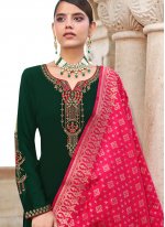 Breathtaking Embroidered Faux Georgette Green Designer Straight Suit