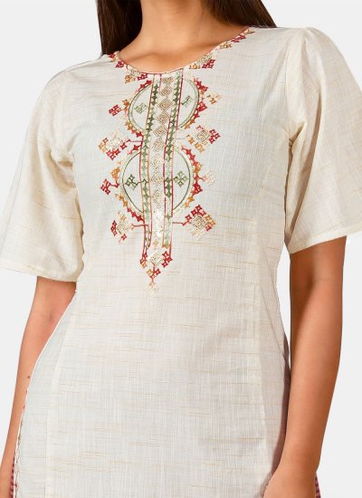 Breathtaking Embroidered Off White Khadi Party Wear Kurti