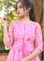 Breathtaking Foil Print Pink Chanderi Readymade Gown